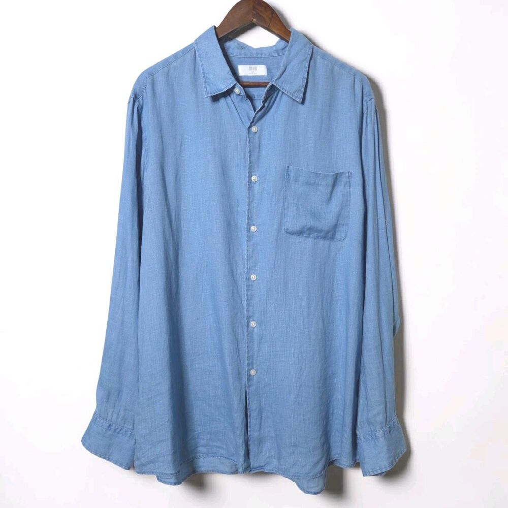 Uniqlo Shirt Mens Sz XXL Light Blue 100% Linen Button Front Long Sleeve Collared